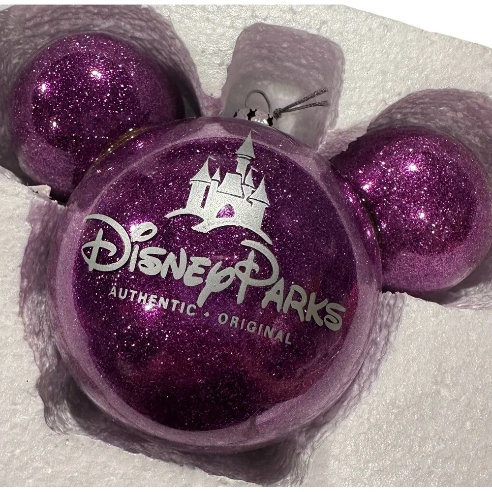 RARE Disney Parks‎ Mickey Icon Ears Glittery Glitter Glass Ball Purple Ornament